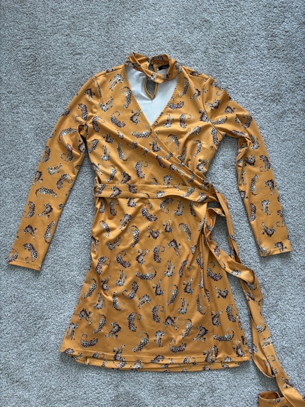 Leopard Print Mustard Wrap Dress with Choker Detail